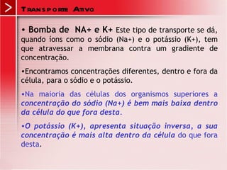 Trans p orte Ativo

• Bomba de NA+ e K+ Este tipo de transporte se dá,
quando íons como o sódio (Na+) e o potássio (K+), tem
que atravessar a membrana contra um gradiente de
concentração.
•Encontramos concentrações diferentes, dentro e fora da
célula, para o sódio e o potássio.
•Na maioria das células dos organismos superiores a
concentração do sódio (Na+) é bem mais baixa dentro
da célula do que fora desta.
•O potássio (K+), apresenta situação inversa, a sua
concentração é mais alta dentro da célula do que fora
desta.
 