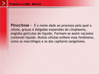 Trans p orte Ativo



Pinocitose - É o nome dado ao processo pelo qual a
célula, graças à delgadas expansões do citoplasma,
engloba gotículas de líquido. Formam-se assim vacúolos
contendo líquido. Muitas células exibem esse fenômeno,
como os macrófagos e as dos capilares sangüíneos.
 