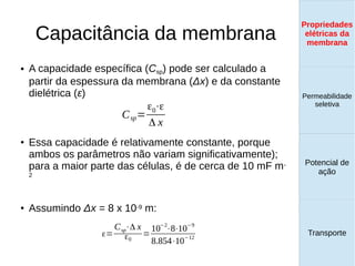 Capacitância da membrana
● A capacidade específica (Csp) pode ser calculado a
partir da espessura da membrana (Δx) e da constante
dielétrica (ε)
●
Essa capacidade é relativamente constante, porque
ambos os parâmetros não variam significativamente);
para a maior parte das células, é de cerca de 10 mF m-
2
● Assumindo Δx = 8 x 10-9 m:
Propriedades
elétricas da
membrana
Permeabilidade
seletiva
Transporte
Equilíbrio de
Donnan
Csp=
ε0⋅ε
Δ x
ε=
Csp⋅Δ x
ε0
=
10
−2
⋅8⋅10
−9
8.854⋅10−12
Propriedades
elétricas da
membrana
Permeabilidade
seletiva
Equilíbrio de
Donnan
Potencial de
ação
Transporte
Propriedades
elétricas da
membrana
Permeabilidade
seletiva
Potencial de
ação
Transporte
Propriedades
elétricas da
membrana
 