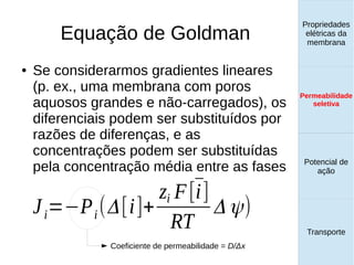 Equação de Goldman
Propriedades
elétricas da
membrana
Permeabilidade
seletiva
Transporte
Equilíbrio de
Donnan
● Se considerarmos gradientes lineares
(p. ex., uma membrana com poros
aquosos grandes e não-carregados), os
diferenciais podem ser substituídos por
razões de diferenças, e as
concentrações podem ser substituídas
pela concentração média entre as fases
Ji=−Pi(Δ[i]+
zi F ¯[i]
RT
Δ ψ)
Coeficiente de permeabilidade = D/Δx
Propriedades
elétricas da
membrana
Permeabilidade
seletiva
Equilíbrio de
Donnan
Potencial de
ação
Transporte
Propriedades
elétricas da
membrana
Permeabilidade
seletiva
Potencial de
ação
Transporte
Permeabilidade
seletiva
 