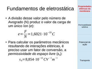 Fundamentos de eletrostática
● A divisão desse valor pelo número de
Avogrado (N) produz o valor da carga de
um único íon (e):
● Para calcular os parâmetros mecânicos
resultando de interações elétricas, é
preciso usar um fator de conversão, a
permissividade do espaço livre (ε0):
Propriedades
elétricas da
membrana
Permeabilidade
seletiva
Transporte
Equilíbrio de
Donnan
e=
F
N
=1,6021⋅10
−19
C
ε0=8,854⋅10−12
CV−1
m−1
Propriedades
elétricas da
membrana
Permeabilidade
seletiva
Equilíbrio de
Donnan
Potencial de
ação
Transporte
Propriedades
elétricas da
membrana
Permeabilidade
seletiva
Potencial de
ação
Transporte
Propriedades
elétricas da
membrana
 