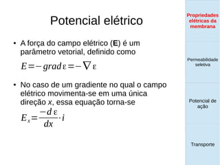 Potencial elétrico
● A força do campo elétrico (E) é um
parâmetro vetorial, definido como
● No caso de um gradiente no qual o campo
elétrico movimenta-se em uma única
direção x, essa equação torna-se
Propriedades
elétricas da
membrana
Permeabilidade
seletiva
Transporte
Equilíbrio de
Donnan
E=−gradε=−∇ ε
Ex=
−d ε
dx
⋅i
Propriedades
elétricas da
membrana
Permeabilidade
seletiva
Equilíbrio de
Donnan
Potencial de
ação
Transporte
Propriedades
elétricas da
membrana
Permeabilidade
seletiva
Potencial de
ação
Transporte
Propriedades
elétricas da
membrana
 
