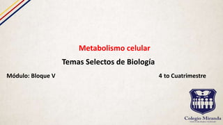 Metabolismo celular
Temas Selectos de Biología
Módulo: Bloque V 4 to Cuatrimestre
 