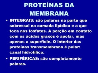 PROTEÍNAS DA MEMBRANA INTEGRAIS: são polares na parte que sobressai na camada lipídica e a que toca nos fosfatos. A porção em contato com os ácidos graxos é apolar, mas apenas a superfície. O interior das proteínas transmembrana é polar: canal hidrofílico. PERIFÉRICAS: são completamente polares. 