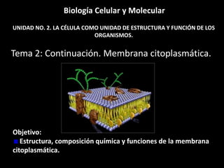 Biología Celular y Molecular
UNIDAD NO. 2. LA CÉLULA COMO UNIDAD DE ESTRUCTURA Y FUNCIÓN DE LOS
                           ORGANISMOS.


Tema 2: Continuación. Membrana citoplasmática.




Objetivo:
   Estructura, composición química y funciones de la membrana
citoplasmática.
 