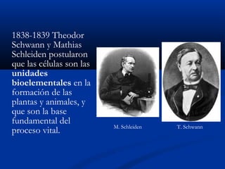 1838-1839 Theodor
Schwann y Mathias
Schleiden postularon
que las células son las
unidades
bioelementales en la
formación de las
plantas y animales, y
que son la base
fundamental del
proceso vital.

M. Schleiden

T. Schwann

 
