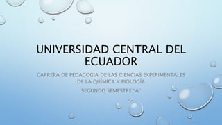 UNIVERSIDAD CENTRAL DEL
ECUADOR
CARRERA DE PEDAGOGIA DE LAS CIENCIAS EXPERIMENTALES
DE LA QUÍMICA Y BIOLOGÍA
SEGUNDO SEMESTRE “A”
 