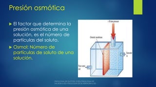 Presión osmótica
 El factor que determina la
presión osmótica de una
solución, es el número de
partículas del soluto.
 Osmol: Número de
partículas de soluto de una
solución.
 