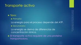 Transporte activo
 Tipos:
 Primario:
La energía para el proceso depende del ATP.
 Secundario:
La energía se deriva de diferencias de
concentración iónica.
 El transporte activo requiere de una proteína
transportadora.
 