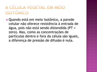  Quando está em meio isotônico, a parede
celular não oferece resistência à entrada de
água, pois não está sendo distendida (PT =
zero). Mas, como as concentrações de
partículas dentro e fora da célula são iguais,
a diferença de pressão de difusão é nula.
 
