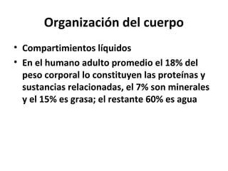 Organización del cuerpo 
• Compartimientos líquidos 
• En el humano adulto promedio el 18% del 
peso corporal lo constituyen las proteínas y 
sustancias relacionadas, el 7% son minerales 
y el 15% es grasa; el restante 60% es agua 
 