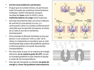 • Carriers (acarreadores) o permeasas: 
• Al igual que los canales iónicos, las permeasas 
están formadas por proteínas transmembrana 
multipaso. Suelen transportar una gran 
variedad de iones como el HCO3- y otras 
moléculas polares sin carga como la glucosa. 
• Este tipo de proteínas fijan una única molécula 
de sustrato (o unas pocas) a la vez, y a 
continuación sufren un cambio conformacional 
reversible que les permite transportar el soluto 
de un lado al otro de la membrana 
(translocación). 
• Para entender la difusión facilitada no hay que 
pensar si una sustancia “entra o sale” de la 
célula, lo importante es considerar que se está 
movilizando algo a favor del gradiente (químico 
o eléctrico) gracias a la acción de proteínas 
transportadoras. 
• Por esta razón es que no se requiere de energía 
adicional, no se requiere gasto de ATP, ya que 
es el propio gradiente el que impulsa el pasaje 
a través de los transportadores. 
• Este tipo de transporte es siempre sin gasto de 
energía y a favor del gradiente electroquímico 
 
