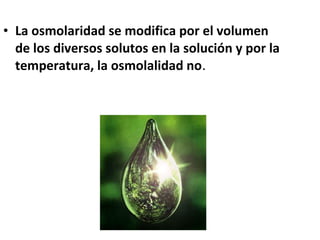 • La osmolaridad se modifica por el volumen 
de los diversos solutos en la solución y por la 
temperatura, la osmolalidad no. 
 