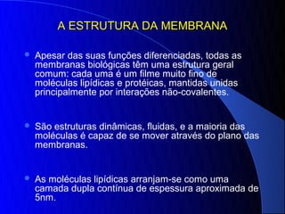 A ESTRUTURA DA MEMBRANA

   Apesar das suas funções diferenciadas, todas as
    membranas biológicas têm uma estrutura geral
    comum: cada uma é um filme muito fino de
    moléculas lipídicas e protéicas, mantidas unidas
    principalmente por interações não-covalentes.


   São estruturas dinâmicas, fluidas, e a maioria das
    moléculas é capaz de se mover através do plano das
    membranas.


   As moléculas lipídicas arranjam-se como uma
    camada dupla contínua de espessura aproximada de
    5nm.
 