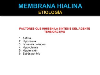 FACTORES QUE INHIBEN LA SÍNTESIS DEL AGENTE
               TENSIOACTIVO

1.   Asfixia
2.   Hipoxemia
3.   Isquemia pulmonar
4.   Hipovolemia
5.   Hipotensión
6.   Estrés por frío
 