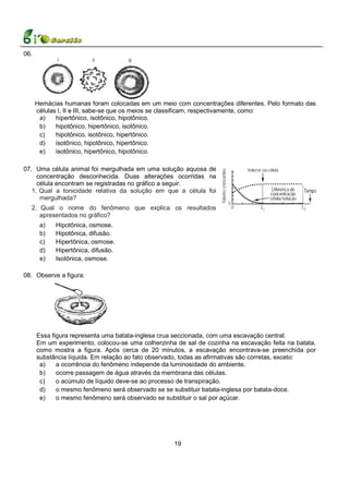 06.




      Hemácias humanas foram colocadas em um meio com concentrações diferentes. Pelo formato das
      células l, II e III, sabe-se que os meios se classificam, respectivamente, como:
       a)    hipertônico, isotônico, hipotônico.
       b)    hipotônico, hipertônico, isotônico.
       c)    hipotônico, isotônico, hipertônico.
       d)    isotônico, hipotônico, hipertônico.
       e)    isotônico, hipertônico, hipotônico.

07. Uma célula animal foi mergulhada em uma solução aquosa de
     concentração desconhecida. Duas alterações ocorridas na
     célula encontram se registradas no gráfico a seguir.
   1. Qual a tonicidade relativa da solução em que a célula foi
      mergulhada?
  2. Qual o nome do fenômeno que explica os resultados
     apresentados no gráfico?
       a)   Hipotônica, osmose.
       b)   Hipotônica, difusão.
       c)   Hipertônica, osmose.
       d)   Hipertônica, difusão.
       e)   Isotônica, osmose.

08. Observe a figura:




      Essa figura representa uma batata-inglesa crua seccionada, com uma escavação central.
      Em um experimento, colocou-se uma colherzinha de sal de cozinha na escavação feita na batata,
      como mostra a figura. Após cerca de 20 minutos, a escavação encontrava-se preenchida por
      substância líquida. Em relação ao fato observado, todas as afirmativas são corretas, exceto:
       a)    a ocorrência do fenômeno independe da luminosidade do ambiente.
       b)    ocorre passagem de água através da membrana das células.
       c)    o acúmulo de líquido deve-se ao processo de transpiração.
       d)    o mesmo fenômeno será observado se se substituir batata-inglesa por batata-doce.
       e)    o mesmo fenômeno será observado se substituir o sal por açúcar.




                                                   19
 