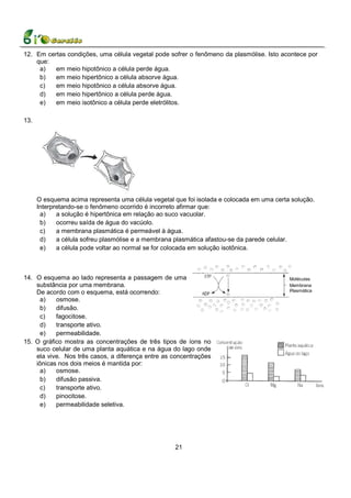 12. Em certas condições, uma célula vegetal pode sofrer o fenômeno da plasmólise. Isto acontece por
    que:
     a)   em meio hipotônico a célula perde água.
     b)   em meio hipertônico a célula absorve água.
     c)   em meio hipotônico a célula absorve água.
     d)   em meio hipertônico a célula perde água.
     e)   em meio isotônico a célula perde eletrólitos.

13.




      O esquema acima representa uma célula vegetal que foi isolada e colocada em uma certa solução.
      Interpretando-se o fenômeno ocorrido é incorreto afirmar que:
       a)    a solução é hipertônica em relação ao suco vacuolar.
       b)    ocorreu saída de água do vacúolo.
       c)    a membrana plasmática é permeável à água.
       d)    a célula sofreu plasmólise e a membrana plasmática afastou-se da parede celular.
       e)    a célula pode voltar ao normal se for colocada em solução isotônica.



14. O esquema ao lado representa a passagem de uma                                         Moléculas
    substância por uma membrana.                                                           Membrana
    De acordo com o esquema, está ocorrendo:                                               Plasmática

     a)    osmose.
     b)    difusão.
     c)    fagocitose.
     d)    transporte ativo.
     e)    permeabilidade.
15. O gráfico mostra as concentrações de três tipos de íons no
    suco celular de uma planta aquática e na água do lago onde
    ela vive. Nos três casos, a diferença entre as concentrações
    iônicas nos dois meios é mantida por:
      a)   osmose.
      b)   difusão passiva.
      c)   transporte ativo.
      d)   pinocitose.
      e)   permeabilidade seletiva.




                                                    21
 