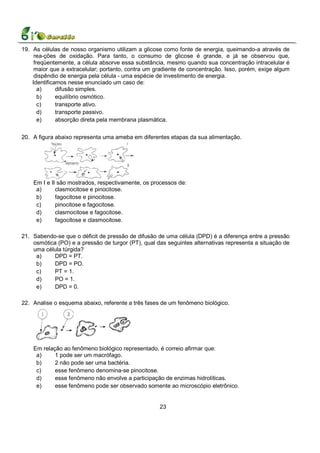19. As células de nosso organismo utilizam a glicose como fonte de energia, queimando-a através de
     rea-ções de oxidação. Para tanto, o consumo de glicose é grande, e já se observou que,
     freqüentemente, a célula absorve essa substância, mesmo quando sua concentração intracelular é
     maior que a extracelular; portanto, contra um gradiente de concentração. Isso, porém, exige algum
     dispêndio de energia pela célula - uma espécie de investimento de energia.
    Identificamos nesse enunciado um caso de:
       a)     difusão simples.
       b)     equilíbrio osmótico.
       c)     transporte ativo.
       d)     transporte passivo.
       e)     absorção direta pela membrana plasmática.


20. A figura abaixo representa uma ameba em diferentes etapas da sua alimentação.




    Em I e II são mostrados, respectivamente, os processos de:
     a)      clasmocitose e pinocitose.
     b)      fagocitose e pinocitose.
     c)      pinocitose e fagocitose.
     d)      clasmocitose e fagocitose.
     e)      fagocitose e clasmocitose.

21. Sabendo-se que o déficit de pressão de difusão de uma célula (DPD) é a diferença entre a pressão
    osmótica (PO) e a pressão de turgor (PT), qual das seguintes alternativas representa a situação de
    uma célula túrgida?
     a)     DPD = PT.
     b)     DPD = PO.
     c)     PT = 1.
     d)     PO = 1.
     e)     DPD = 0.

22. Analise o esquema abaixo, referente a três fases de um fenômeno biológico.




    Em relação ao fenômeno biológico representado, é correio afirmar que:
     a)     1 pode ser um macrófago.
     b)     2 não pode ser uma bactéria.
     c)     esse fenômeno denomina-se pinocitose.
     d)     esse fenômeno não envolve a participação de enzimas hidrolíticas.
     e)     esse fenômeno pode ser observado somente ao microscópio eletrônico.


                                                    23
 