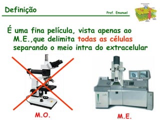 Definição                   Prof. Emanuel




É uma fina película, vista apenas ao
  M.E.,que delimita todas as células
  separando o meio intra do extracelular




        M.O.                      M.E.
 