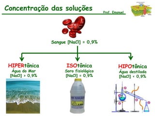 Concentração das soluções                Prof. Emanuel




                 Sangue [NaCl] = 0,9%




 HIPERtônica           ISOtônica                  HIPOtônica
  Água do Mar         Soro fisiológico            Água destilada
 [NaCl] > 0,9%        [NaCl] = 0,9%               [NaCl] < 0,9%
 