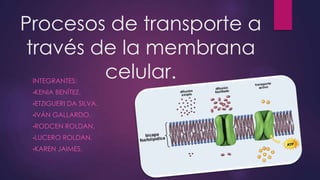 Procesos de transporte a
través de la membrana
celular.
INTEGRANTES:
•KENIA

BENÍTEZ.

•ETZIGUERI
•IVÁN

DA SILVA.

GALLARDO.

•RODCEN
•LUCERO
•KAREN

ROLDAN.

ROLDAN.

JAIMES.

 