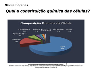 3
Biomembranas
Qual a constituição química das células?Qual a constituição química das células?
Gráfico demonstrando a composição química das células.
Créditos da imagem: http://image.slidesharecdn.com/qumicacelularcompleto-110914220047-phpapp02/95/qumica-celular-
completo-4-728.jpg?cb=1316038710
 