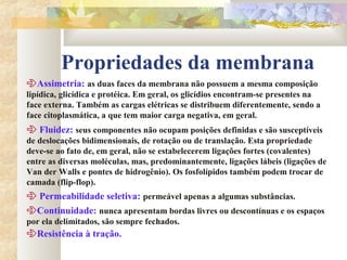 Propriedades da membrana
Assimetria: as duas faces da membrana não possuem a mesma composição
lipídica, glicídica e protéica. Em geral, os glicídios encontram-se presentes na
face externa. Também as cargas elétricas se distribuem diferentemente, sendo a
face citoplasmática, a que tem maior carga negativa, em geral.
 Fluidez: seus componentes não ocupam posições definidas e são susceptíveis
de deslocações bidimensionais, de rotação ou de translação. Esta propriedade
deve-se ao fato de, em geral, não se estabelecerem ligações fortes (covalentes)
entre as diversas moléculas, mas, predominantemente, ligações lábeis (ligações de
Van der Walls e pontes de hidrogênio). Os fosfolípidos também podem trocar de
camada (flip-flop).
 Permeabilidade seletiva: permeável apenas a algumas substâncias.
Continuidade: nunca apresentam bordas livres ou descontínuas e os espaços
por ela delimitados, são sempre fechados.
Resistência à tração.
 