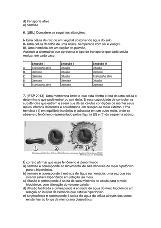 d) transporte ativo
e) osmose
6. (UEL) Considere as seguintes situações:
I- Uma célula da raiz de um vegetal absorvendo água do solo.
II- Uma célula da folha de uma alface, temperada com sal e vinagre.
III- Uma hemácia em um capilar do pulmão.
Assinale a alternativa que apresenta o tipo de transporte que cada célula
realiza, em cada caso.
A
Situação I Situação II Situação III
Transporte ativo Difusão Difusão
B Osmose Difusão Osmose
C Osmose Difusão Transporte ativo
D Osmose Osmose Difusão
E Transporte ativo Osmose Osmose
7. (IFSP 2013) Uma membrana limita o que está dentro e fora de uma célula e
determina o que pode entrar ou sair dela. É essa capacidade de controlar as
substâncias que entram e saem que dá às células condições de manter seus
meios internos diferentes e equilibrados em relação ao meio externo. Uma
hemácia (1) em equilíbrio isotônico é colocada em um outro meio, onde se
observa o fenômeno representado pelas figuras (2) e (3) do esquema abaixo.
É correto afirmar que esse fenômeno é denominado
a) osmose e corresponde ao movimento de sais minerais do meio hipotônico
para o hipertônico.
b) osmose e corresponde à entrada de água na hemácia, uma vez que seu
interior estava hipertônico em relação ao meio.
c) difusão e corresponde à saída de sais minerais da célula para o meio
hipotônico, com alteração do volume celular.
d) difusão facilitada e corresponde à entrada de água do meio hipotônico em
relação ao interior da hemácia que estava hipertônico.
e) turgescência e corresponde à saída de água da célula através dos poros
existentes ao longo da membrana plasmática.
 