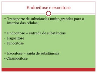 Endocitose e exocitose

 Transporte de substâncias muito grandes para o
 interior das células;

 Endocitose = entrada de substâncias
- Fagocitose
- Pinocitose


 Exocitose = saída de substâncias
- Clasmocitose
 