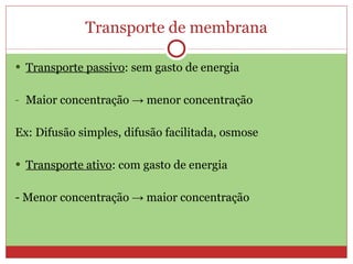 Transporte de membrana

 Transporte passivo: sem gasto de energia


- Maior concentração → menor concentração


Ex: Difusão simples, difusão facilitada, osmose

 Transporte ativo: com gasto de energia


- Menor concentração → maior concentração
 
