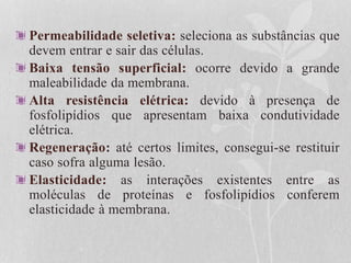 Permeabilidade seletiva: seleciona as substâncias que
devem entrar e sair das células.
Baixa tensão superficial: ocorre devido a grande
maleabilidade da membrana.
Alta resistência elétrica: devido à presença de
fosfolipídios que apresentam baixa condutividade
elétrica.
Regeneração: até certos limites, consegui-se restituir
caso sofra alguma lesão.
Elasticidade: as interações existentes entre as
moléculas de proteínas e fosfolipídios conferem
elasticidade à membrana.
 