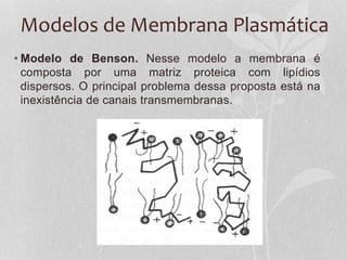 Modelos de Membrana Plasmática
• Modelo de Benson. Nesse modelo a membrana é
composta por uma matriz proteica com lipídios
dispersos. O principal problema dessa proposta está na
inexistência de canais transmembranas.
 