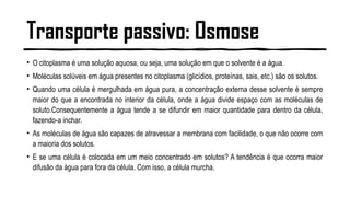 Transporte passivo: Osmose
• O citoplasma é uma solução aquosa, ou seja, uma solução em que o solvente é a água.
• Moléculas solúveis em água presentes no citoplasma (glicídios, proteínas, sais, etc.) são os solutos.
• Quando uma célula é mergulhada em água pura, a concentração externa desse solvente é sempre
maior do que a encontrada no interior da célula, onde a água divide espaço com as moléculas de
soluto.Consequentemente a água tende a se difundir em maior quantidade para dentro da célula,
fazendo-a inchar.
• As moléculas de água são capazes de atravessar a membrana com facilidade, o que não ocorre com
a maioria dos solutos.
• E se uma célula é colocada em um meio concentrado em solutos? A tendência é que ocorra maior
difusão da água para fora da célula. Com isso, a célula murcha.
 