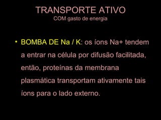 TRANSPORTE ATIVO
           COM gasto de energia



• BOMBA DE Na / K: os íons Na+ tendem
 a entrar na célula por difusão facilitada,
 então, proteínas da membrana
 plasmática transportam ativamente tais
 íons para o lado externo.
 
