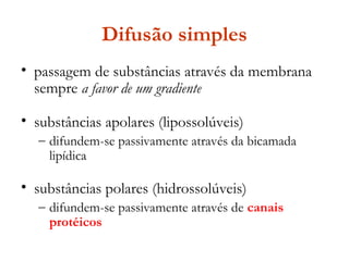 Difusão simples
• passagem de substâncias através da membrana
sempre a favor de um gradiente
• substâncias apolares (lipossolúveis)
– difundem-se passivamente através da bicamada
lipídica
• substâncias polares (hidrossolúveis)
– difundem-se passivamente através de canais
protéicos
 