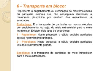 6 - Transporte em bloco:
Representa o englobamento ou eliminação de macromoléculas
ou partículas maiores que não conseguem atravessar a
membrana plasmática por nenhum dos mecanismos já
estudados.
Endocitose: É o transporte de partículas ou macromoléculas
por englobamento, ou seja, do meio extracelular para o meio
intracelular. Existem dois tipos de endocitose:
1 - Fagocitose: Neste processo, a célula engloba partículas
sólidas relativamente grandes.
2 - Pinocitose: Neste processo, a célula engloba partículas
liquidas relativamente grande.
Exocitose: è o transporte de partículas do meio intracelular
para o meio extracelular.
 