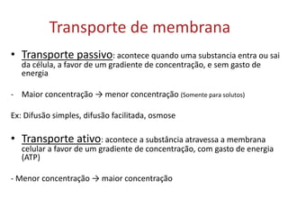 Transporte de membrana
• Transporte passivo: acontece quando uma substancia entra ou sai
da célula, a favor de um gradiente de concentração, e sem gasto de
energia
- Maior concentração → menor concentração (Somente para solutos)
Ex: Difusão simples, difusão facilitada, osmose
• Transporte ativo: acontece a substância atravessa a membrana
celular a favor de um gradiente de concentração, com gasto de energia
(ATP)
- Menor concentração → maior concentração
 