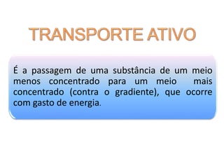 É a passagem de uma substância de um meio
menos concentrado para um meio mais
concentrado (contra o gradiente), que ocorre
com gasto de energia.
 