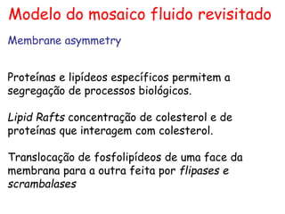 Modelo do mosaico fluido revisitado
Membrane asymmetry
Proteínas e lipídeos específicos permitem a
segregação de processos biológicos.
Lipid Rafts concentração de colesterol e de
proteínas que interagem com colesterol.
Translocação de fosfolipídeos de uma face da
membrana para a outra feita por flipases e
scrambalases
 