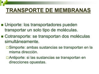 TRANSPORTE DE MEMBRANAS
 Uniporte: los transportadores pueden
transportar un solo tipo de moléculas.
 Cotransporte: se transportan dos moléculas
simultáneamente.
Simporte: ambas sustancias se transportan en la
misma dirección.
Antiporte: si las sustancias se transportan en
direcciones opuestas.
 