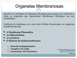Organelas Membranosas
Quando nos referimos às Organelas Membranosas estamos nos referindo a
todas as organelas que apresentam Membranas Biológicas em sua
constituição.
Conforme já estudamos na aula sobre Células Eucariontes, as organelas
membranosas são:
 A Membrana Plasmática
 As Mitocôndrias
 A Carioteca
 O Sistema de Endomembranas:
1. Retículo Endoplasmático
2. Complexo de Golgi
3. Lisossomos, Peroxissomos
Profª Monara Bittencourt de Amorim
Bioquímica-Citologista Oncótica
bittencourt.monara7@gmail.com
84 9985 8153
 