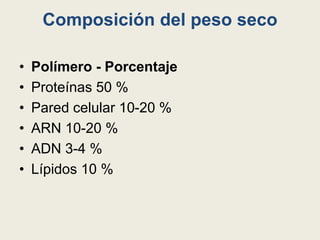 Composición del peso seco
• Polímero - Porcentaje
• Proteínas 50 %
• Pared celular 10-20 %
• ARN 10-20 %
• ADN 3-4 %
• Lípidos 10 %
 