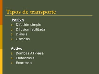 Tipos de transporte
PasivoPasivo
1. Difusión simple
2. Difusión facilitada
3. Diálisis
4. Osmosis
Activo
5. Bombas ATP-asa
6. Endocitosis
7. Exocitosis
 