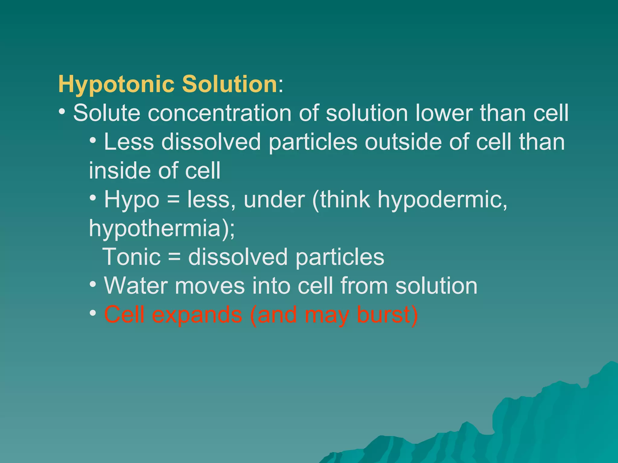 Hypotonic Solution :  Solute concentration of solution lower than cell  Less dissolved particles outside of cell than inside of cell  Hypo = less, under (think hypodermic, hypothermia);  Tonic = dissolved particles  Water moves into cell from solution  Cell expands (and may burst)   