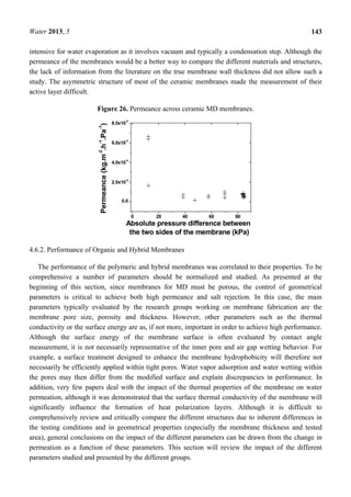 Water 2013, 5 143
intensive for water evaporation as it involves vacuum and typically a condensation step. Although the
permeance of the membranes would be a better way to compare the different materials and structures,
the lack of information from the literature on the true membrane wall thickness did not allow such a
study. The asymmetric structure of most of the ceramic membranes made the measurement of their
active layer difficult.
Figure 26. Permeance across ceramic MD membranes.
0 20 40 60 80
0.0
2.0x10
-4
4.0x10
-4
6.0x10
-4
8.0x10
-4
Permeance(kg.m
-2
.h
-1
.Pa
-1
)
Absolute pressure difference between
the two sides of the membrane (kPa)
4.6.2. Performance of Organic and Hybrid Membranes
The performance of the polymeric and hybrid membranes was correlated to their properties. To be
comprehensive a number of parameters should be normalized and studied. As presented at the
beginning of this section, since membranes for MD must be porous, the control of geometrical
parameters is critical to achieve both high permeance and salt rejection. In this case, the main
parameters typically evaluated by the research groups working on membrane fabrication are the
membrane pore size, porosity and thickness. However, other parameters such as the thermal
conductivity or the surface energy are as, if not more, important in order to achieve high performance.
Although the surface energy of the membrane surface is often evaluated by contact angle
measurement, it is not necessarily representative of the inner pore and air gap wetting behavior. For
example, a surface treatment designed to enhance the membrane hydrophobicity will therefore not
necessarily be efficiently applied within tight pores. Water vapor adsorption and water wetting within
the pores may then differ from the modified surface and explain discrepancies in performance. In
addition, very few papers deal with the impact of the thermal properties of the membrane on water
permeation, although it was demonstrated that the surface thermal conductivity of the membrane will
significantly influence the formation of heat polarization layers. Although it is difficult to
comprehensively review and critically compare the different structures due to inherent differences in
the testing conditions and in geometrical properties (especially the membrane thickness and tested
area), general conclusions on the impact of the different parameters can be drawn from the change in
permeation as a function of these parameters. This section will review the impact of the different
parameters studied and presented by the different groups.
 