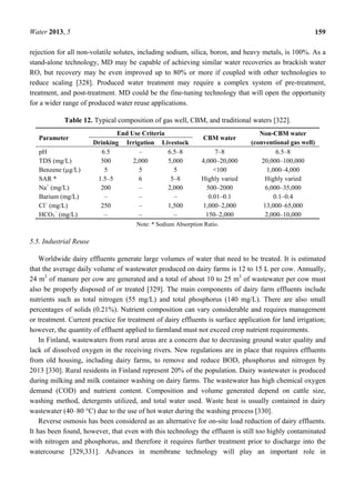 Water 2013, 5 159
rejection for all non-volatile solutes, including sodium, silica, boron, and heavy metals, is 100%. As a
stand-alone technology, MD may be capable of achieving similar water recoveries as brackish water
RO, but recovery may be even improved up to 80% or more if coupled with other technologies to
reduce scaling [328]. Produced water treatment may require a complex system of pre-treatment,
treatment, and post-treatment. MD could be the fine-tuning technology that will open the opportunity
for a wider range of produced water reuse applications.
Table 12. Typical composition of gas well, CBM, and traditional waters [322].
Parameter
End Use Criteria
CBM water
Non-CBM water
(conventional gas well)Drinking Irrigation Livestock
pH 6.5 – 6.5–8 7–8 6.5–8
TDS (mg/L) 500 2,000 5,000 4,000–20,000 20,000–100,000
Benzene (µg/L) 5 5 5 <100 1,000–4,000
SAR * 1.5–5 6 5–8 Highly varied Highly varied
Na+
(mg/L) 200 – 2,000 500–2000 6,000–35,000
Barium (mg/L) – – – 0.01–0.1 0.1–0.4
Cl−
(mg/L) 250 – 1,500 1,000–2,000 13,000–65,000
HCO3
−
(mg/L) – – – 150–2,000 2,000–10,000
Note: * Sodium Absorption Ratio.
5.5. Industrial Reuse
Worldwide dairy effluents generate large volumes of water that need to be treated. It is estimated
that the average daily volume of wastewater produced on dairy farms is 12 to 15 L per cow. Annually,
24 m3
of manure per cow are generated and a total of about 10 to 25 m3
of wastewater per cow must
also be properly disposed of or treated [329]. The main components of dairy farm effluents include
nutrients such as total nitrogen (55 mg/L) and total phosphorus (140 mg/L). There are also small
percentages of solids (0.21%). Nutrient composition can vary considerable and requires management
or treatment. Current practice for treatment of dairy effluents is surface application for land irrigation;
however, the quantity of effluent applied to farmland must not exceed crop nutrient requirements.
In Finland, wastewaters from rural areas are a concern due to decreasing ground water quality and
lack of dissolved oxygen in the receiving rivers. New regulations are in place that requires effluents
from old housing, including dairy farms, to remove and reduce BOD, phosphorus and nitrogen by
2013 [330]. Rural residents in Finland represent 20% of the population. Dairy wastewater is produced
during milking and milk container washing on dairy farms. The wastewater has high chemical oxygen
demand (COD) and nutrient content. Composition and volume generated depend on cattle size,
washing method, detergents utilized, and total water used. Waste heat is usually contained in dairy
wastewater (40–80 °C) due to the use of hot water during the washing process [330].
Reverse osmosis has been considered as an alternative for on-site load reduction of dairy effluents.
It has been found, however, that even with this technology the effluent is still too highly contaminated
with nitrogen and phosphorus, and therefore it requires further treatment prior to discharge into the
watercourse [329,331]. Advances in membrane technology will play an important role in
 