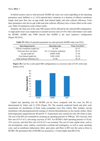 Water 2013, 5 169
In hybrid systems such as solar-powered AGMD, the water cost varies depending on the operating
parameters used. Saffarini et al. [161] reported these variations as a function of effective membrane
length, feed mass flow rate, air gap width, feed channel depth, and solar collector efficiency. From
these parameters only the air gap width and solar collector efficiency have a linear effect on the water
cost. Table 19 summarizes some of their results.
Similarly, the final cost of the solar MD system will be affected by the selected MD configuration.
A single-point water cost comparison at constant recovery ratio of 4.4% when solar heaters were made
for DCMD, AGMD, and VMD showed that AGMD is the most expensive configuration
(Figure 38) [161].
Table 19. Effect of operation parameter on solar-powered AGMD water cost [161].
Operating parameter Operating range Water Cost ($/m3
)
Effective membrane length (m) 10–140 20–13
Feed mass flow rate (kg/s) 0.2–1.2 (laminar–turbulent) 20–23
Air gap width (m) 0.0005–0.003 15–46
Feed channel depth (m) 0.001–0.005 20–24
Solar collector efficiency (%) 35–60 30–19
Figure 38. Cost for a solar panel MD configurations at a recovery ratio of 4.4% with solar
heaters [161].
Capital and operating cost for DCMD can be lower compared with the costs for RO as
demonstrated by Sirkar and Li [376] (Figure 39). The research conducted bench and pilot scale
experiments for desalination of brine using rectangular cross flow hollow fiber modules, having
membranes with plasmapolymerized coatings of silicone-fluoropolymers on the outside surface. Brine
feed temperature ranged between 40 and 94 °C. Experiments were carried out with 10% brine as feed.
The cost of the RO was estimated by assuming an operating pressure of 1000 psi, 30% recovery, feed
flow rate of 0.15 m3
/s, and energy recovery of 30%. For DCMD a shell operating pressure of 10 psi,
12% recovery, and feed flow rate of 0.36 m3
/s was assumed. The cost of some capital items, such as
site development, water, utilities, construction overhead and contingency, as well as some operating
costs, such as membrane replacement, labor, spare parts, and filters in RO were the same as those in
DCMD. The permeation flux of DCMD was assumed as 1.5 times higher than RO [376].
 