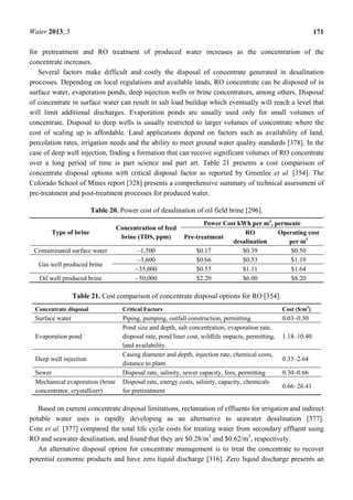 Water 2013, 5 171
for pretreatment and RO treatment of produced water increases as the concentration of the
concentrate increases.
Several factors make difficult and costly the disposal of concentrate generated in desalination
processes. Depending on local regulations and available lands, RO concentrate can be disposed of in
surface water, evaporation ponds, deep injection wells or brine concentrators, among others. Disposal
of concentrate in surface water can result in salt load buildup which eventually will reach a level that
will limit additional discharges. Evaporation ponds are usually used only for small volumes of
concentrate. Disposal to deep wells is usually restricted to larger volumes of concentrate where the
cost of scaling up is affordable. Land applications depend on factors such as availability of land,
percolation rates, irrigation needs and the ability to meet ground water quality standards [378]. In the
case of deep well injection, finding a formation that can receive significant volumes of RO concentrate
over a long period of time is part science and part art. Table 21 presents a cost comparison of
concentrate disposal options with critical disposal factor as reported by Greenlee et al. [354]. The
Colorado School of Mines report [328] presents a comprehensive summary of technical assessment of
pre-treatment and post-treatment processes for produced water.
Table 20. Power cost of desalination of oil field brine [296].
Type of brine
Concentration of feed
brine (TDS, ppm)
Power Cost kWh per m3
, permeate
Pre-treatment
RO
desalination
Operating cost
per m3
Contaminated surface water ~1,500 $0.17 $0.39 $0.50
Gas well produced brine
~3,600 $0.66 $0.53 $1.19
~35,000 $0.53 $1.11 $1.64
Oil well produced brine ~50,000 $2.20 $6.00 $8.20
Table 21. Cost comparison of concentrate disposal options for RO [354].
Concentrate disposal Critical Factors Cost ($/m3
)
Surface water Piping, pumping, outfall construction, permitting. 0.03–0.30
Evaporation pond
Pond size and depth, salt concentration, evaporation rate,
disposal rate, pond liner cost, wildlife impacts, permitting,
land availability.
1.18–10.40
Deep well injection
Casing diameter and depth, injection rate, chemical costs,
distance to plant.
0.33–2.64
Sewer Disposal rate, salinity, sewer capacity, fees, permitting 0.30–0.66
Mechanical evaporation (brine
concentrator, crystallizer)
Disposal rate, energy costs, salinity, capacity, chemicals
for pretreatment
0.66–26.41
Based on current concentrate disposal limitations, reclamation of effluents for irrigation and indirect
potable water uses is rapidly developing as an alternative to seawater desalination [377].
Cote et al. [377] compared the total life cycle costs for treating water from secondary effluent using
RO and seawater desalination, and found that they are $0.28/m3
and $0.62/m3
, respectively.
An alternative disposal option for concentrate management is to treat the concentrate to recover
potential economic products and have zero liquid discharge [316]. Zero liquid discharge presents an
 