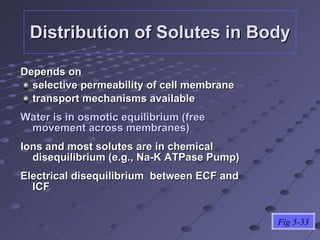 Distribution of Solutes in Body Depends on selective permeability of cell membrane transport mechanisms available Water is in osmotic equilibrium (free movement across membranes) Ions and most solutes are in chemical disequilibrium (e.g., Na-K ATPase Pump) Electrical disequilibrium  between ECF and ICF Fig 5-33 
