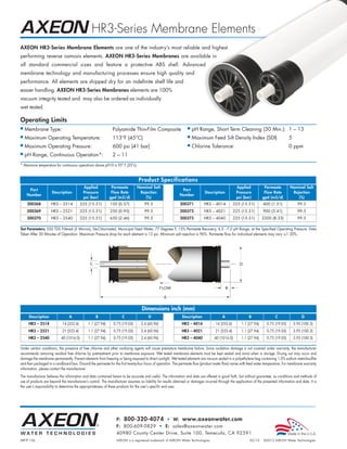 HR3-Series Membrane Elements
AXEON HR3-Series Membrane Elements are one of the industry’s most reliable and highest
performing reverse osmosis elements. AXEON HR3-Series Membranes are available in
all standard commercial sizes and feature a protective ABS shell. Advanced
membrane technology and manufacturing processes ensure high quality and
performance. All elements are shipped dry for an indefinite shelf life and
easier handling. AXEON HR3-Series Membranes elements are 100%
vacuum integrity tested and may also be ordered as individually
wet tested.

Operating Limits
I   Membrane Type:                                            Polyamide Thin-Film Composite                       I   pH Range, Short Term Cleaning (30 Min.): 1 – 13
I   Maximum Operating Temperature:                            113°F (45°C)                                        I   Maximum Feed Silt Density Index (SDI)                            5
I   Maximum Operating Pressure:                               600 psi (41 bar)                                    I   Chlorine Tolerance:                                              0 ppm
I   pH Range, Continuous Operation*:                          2 – 11
* Maximum temperature for continuous operations above pH10 is 95° F (35°c)


                                                                                Product Specifications
                                          Applied            Permeate          Nominal Salt                                                        Applied            Permeate          Nominal Salt
     Part                                                                                                    Part
                     Description          Pressure           Flow Rate          Rejection                                    Description           Pressure           Flow Rate          Rejection
    Number                                                                                                  Number
                                          psi (bar)         gpd (m3/d)             (%)                                                             psi (bar)         gpd (m3/d)             (%)
     200368         HR3 – 2514           225 (15.51)         150 (0.57)             99.5                    200371           HR3 – 4014           225 (15.51)        400 (1.51)              99.5
     200369         HR3 – 2521           225 (15.51)         250 (0.95)             99.5                    200372           HR3 – 4021           225 (15.51)        900 (3.41)              99.5
     200370         HR3 – 2540           225 (15.51)         650 (2.46)             99.5                    200373           HR3 – 4040           225 (15.51)       2200 (8.33)              99.5

Test Parameters: 550 TDS Filtered (5 Micron), De-Chlorinated, Municipal Feed Water, 77 Degrees F, 15% Permeate Recovery, 6.5 - 7.0 pH Range, at the Specified Operating Pressure. Data
Taken After 30 Minutes of Operation. Maximum Pressure drop for each element is 13 psi. Minimum salt rejection is 96%. Permeate flow for individual elements may vary +/- 20%.




                                                                                  Dimensions inch (mm)
     Description                 A                 B                 C                 D                      Description                A                  B                 C                 D
     HR3 – 2514             14 (355.6)        1.1 (27.94)      0.75 (19.05)       2.4 (60.96)                 HR3 – 4014             14 (355.6)       1.1 (27.94)       0.75 (19.05)       3.95 (100.3)
     HR3 – 2521             21 (533.4)        1.1 (27.94)      0.75 (19.05)       2.4 (60.96)                 HR3 – 4021             21 (533.4)       1.1 (27.94)       0.75 (19.05)       3.95 (100.3)
     HR3 – 2540            40 (1016.0)        1.1 (27.94)      0.75 (19.05)       2.4 (60.96)                 HR3 – 4040            40 (1016.0)       1.1 (27.94)       0.75 (19.05)       3.95 (100.3)

Under certain conditions, the presence of free chlorine and other oxidizing agents will cause premature membrane failure. Since oxidation damage is not covered under warranty, the manufacturer
recommends removing residual free chlorine by pretreatment prior to membrane exposure. Wet tested membrane elements must be kept sealed and moist when in storage. Drying out may occur and
damage the membrane permanently. Prevent elements from freezing or being exposed to direct sunlight. Wet tested elements are vacuum sealed in a polyethylene bag containing 1.0% sodium meta-bisulfite
and then packaged in a cardboard box. Discard the permeate for the first twenty-four hours of operation. The permeate flow (product water flow) varies with feed water temperature. For membrane warranty
information, please contact the manufacturer.
The manufacturer believes the information and data contained herein to be accurate and useful. The information and data are offered in good faith, but without guarantee, as conditions and methods of
use of products are beyond the manufacturer’s control. The manufacturer assumes no liability for results obtained or damages incurred through the application of the presented information and data. It is
the user’s responsibility to determine the appropriateness of these products for the user’s specific end uses.




                                                                 P: 800-320-4074 • W: www.axeonwater.com
                                                                 F: 800-609-0829 • E: sales@axeonwater.com
                                                                 40980 County Center Drive, Suite 100, Temecula, CA 92591
MKTF-136                                                         AXEON is a registered trademark of AXEON Water Technologies.                               02/12     ©2012 AXEON Water Technologies
 